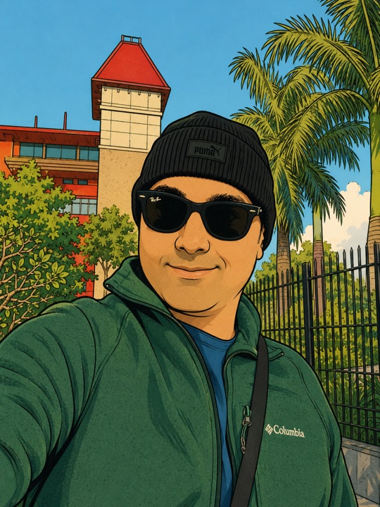 Illustrated portrait of Sid Varma in a beanie and sunglasses, palm trees behind him.