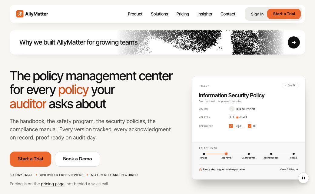 The new AllyMatter home page: a headline reading The policy management center for every policy your auditor asks about, with Start a Trial and Book a Demo buttons and an animated policy card on the right.