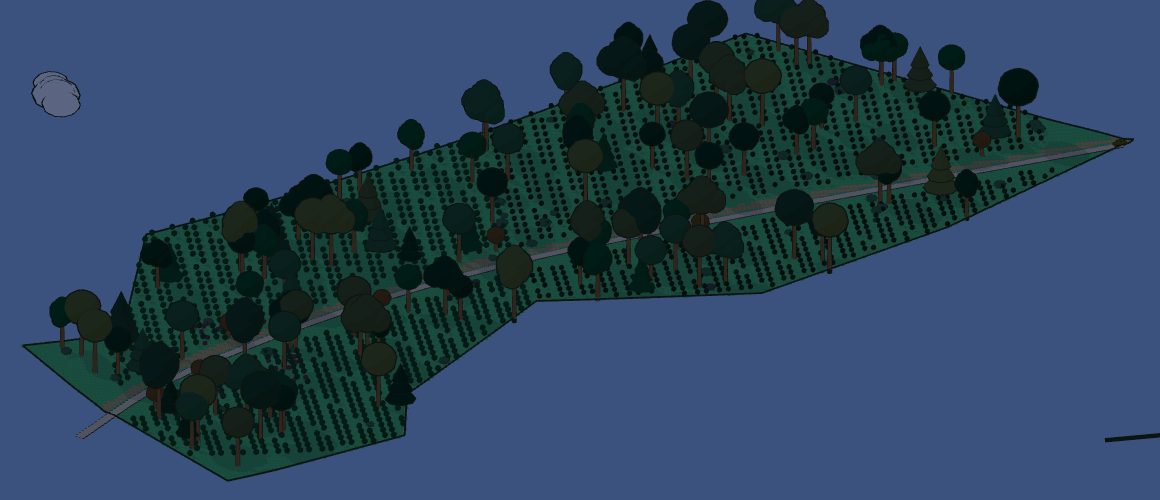 The same farm map at night, in dark blue moonlight.