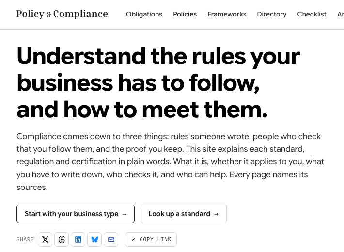 The policyandcompliance.com home page, headlined Understand the rules your business has to follow, and how to meet them.
